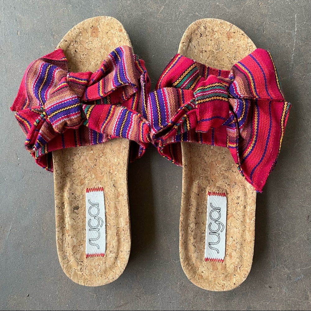 SUGAR Brightly Colored Guatemalan Fabric Bow Slides Shoes with Cork Soles SZ 7.5